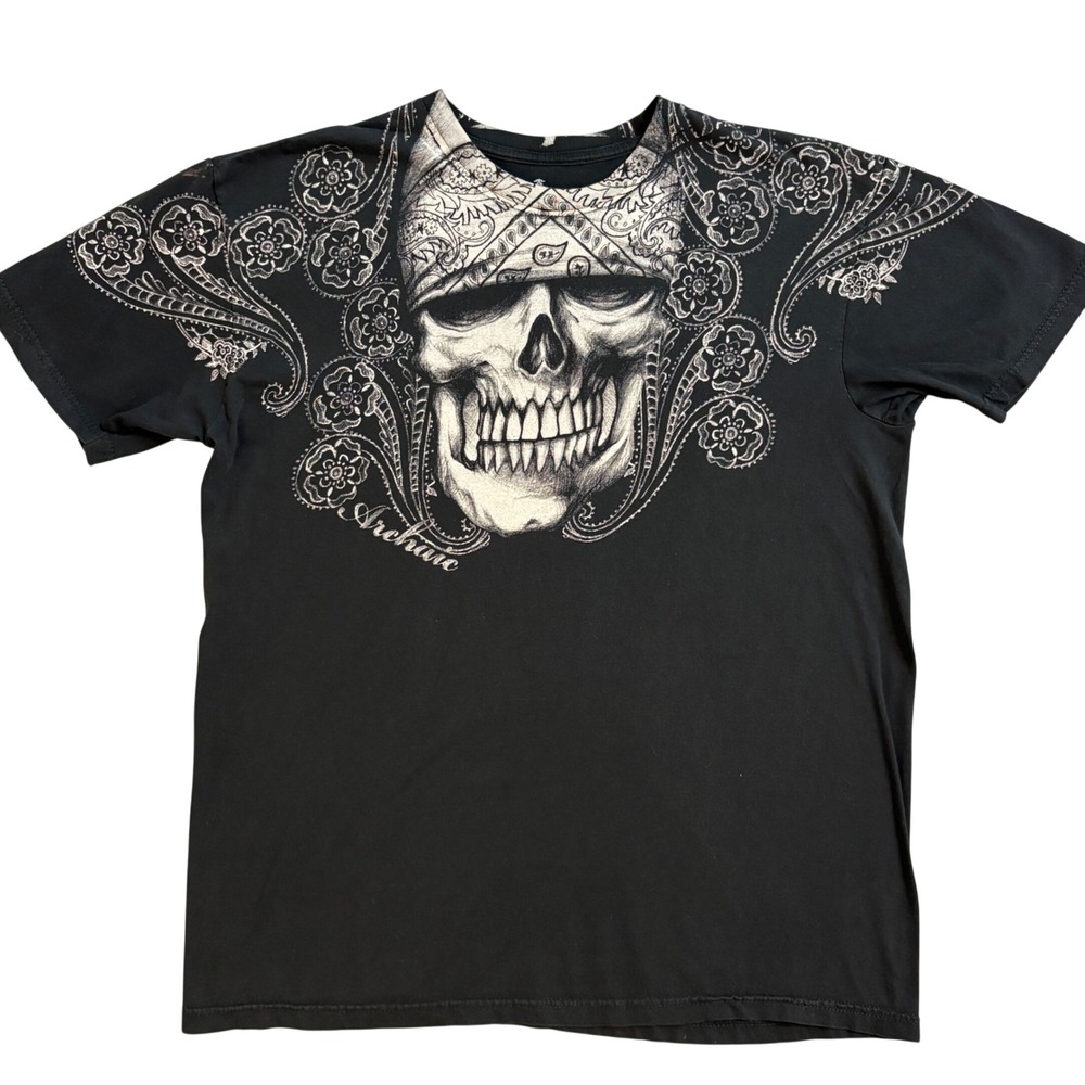 Archaic by affliction Men's Black Skull Bandana Graphic Print T Shirt Large
